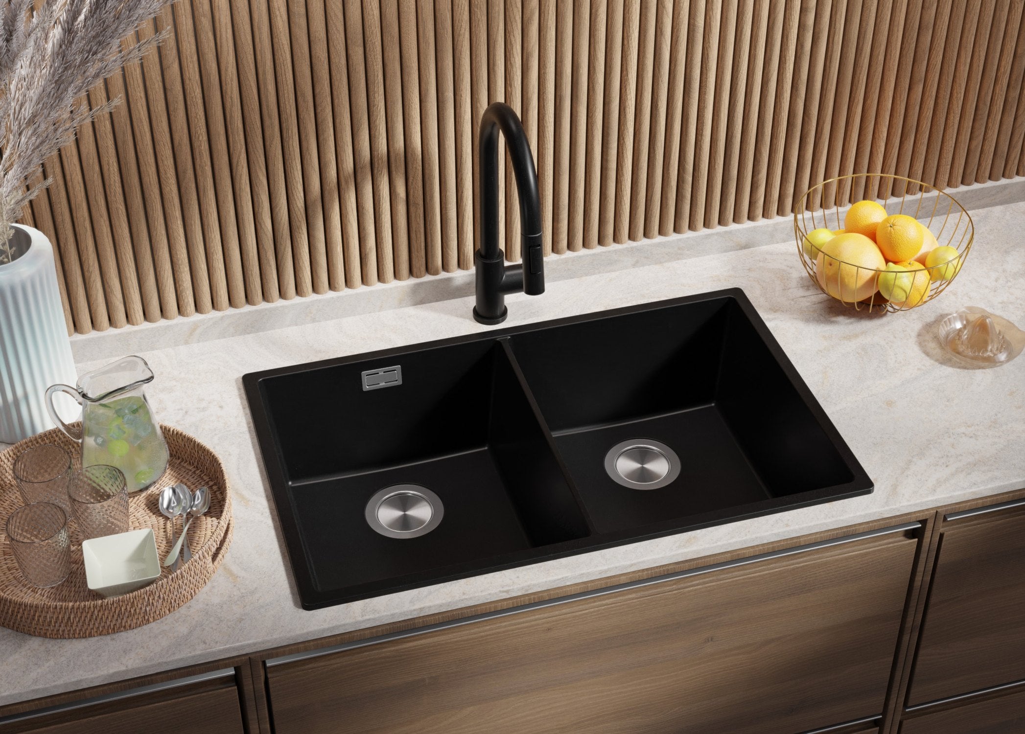 Lavandino da Cucina Nero 76x47cm, Lavello in Granito a 2 vasche + Sifone Classico + Accessori, Lavabo da Cucina Incasso al mobile 80cm PRIMAGRAN - 2