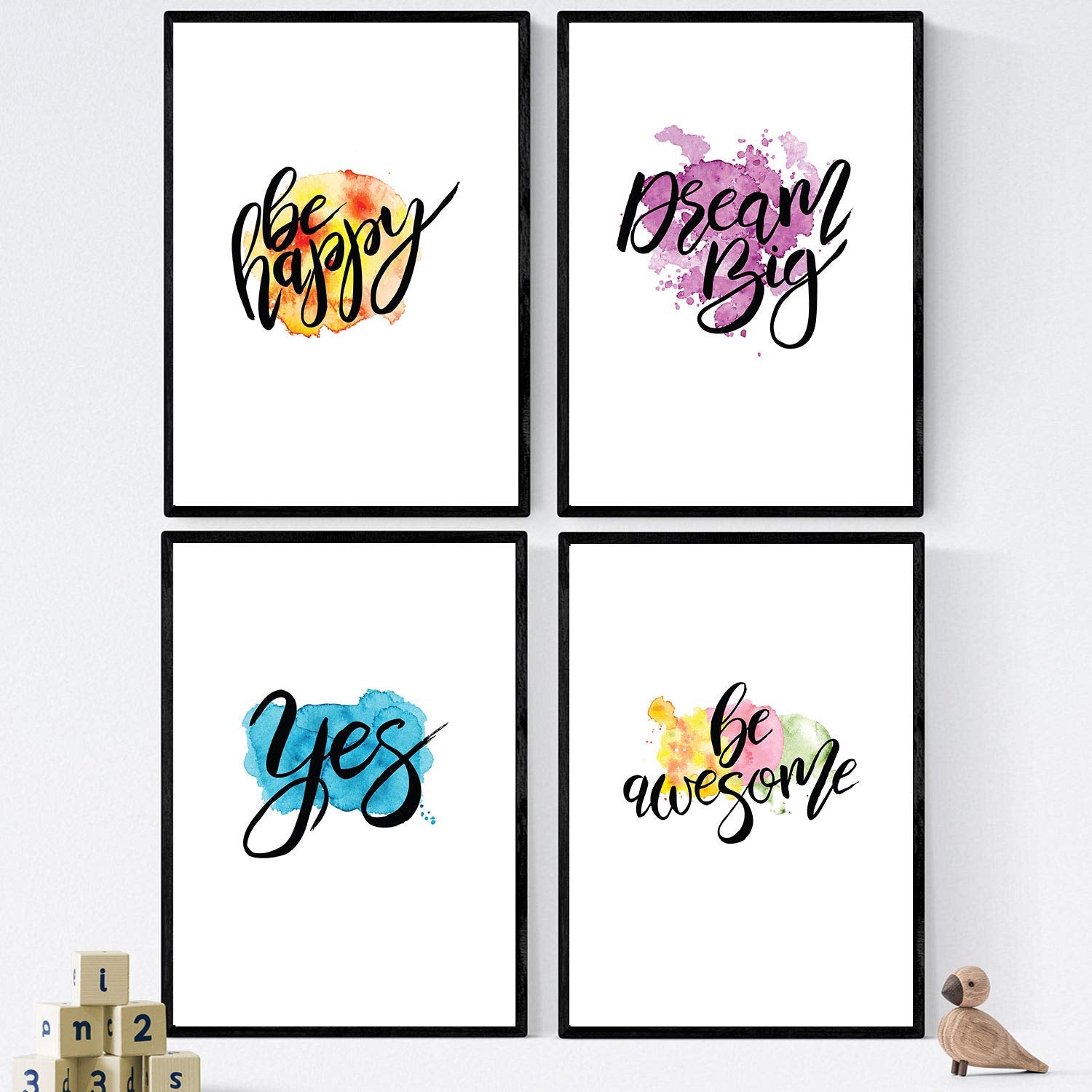 Set de láminas con mensajes felices y coloridos. pack de posters 'happy'. sin marco - a4