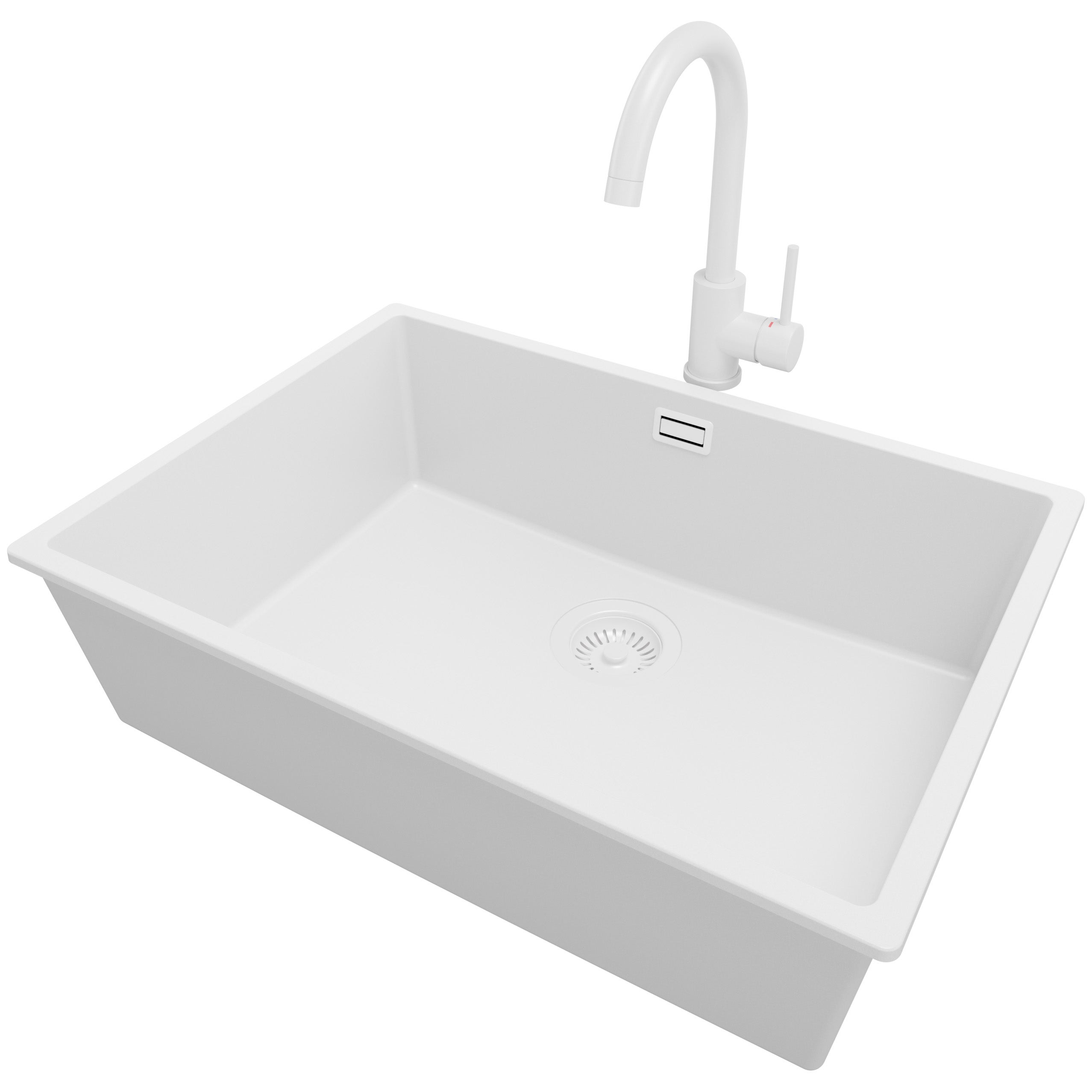 Zlewozmywak Granitowy Cały Biały 66x47cm, Zlew Kuchenny 1 Komorowy + Bateria 32x20cm + Syfon, Nablatowy do szafki od 70cm - Londyn Slim PRIMAGRAN