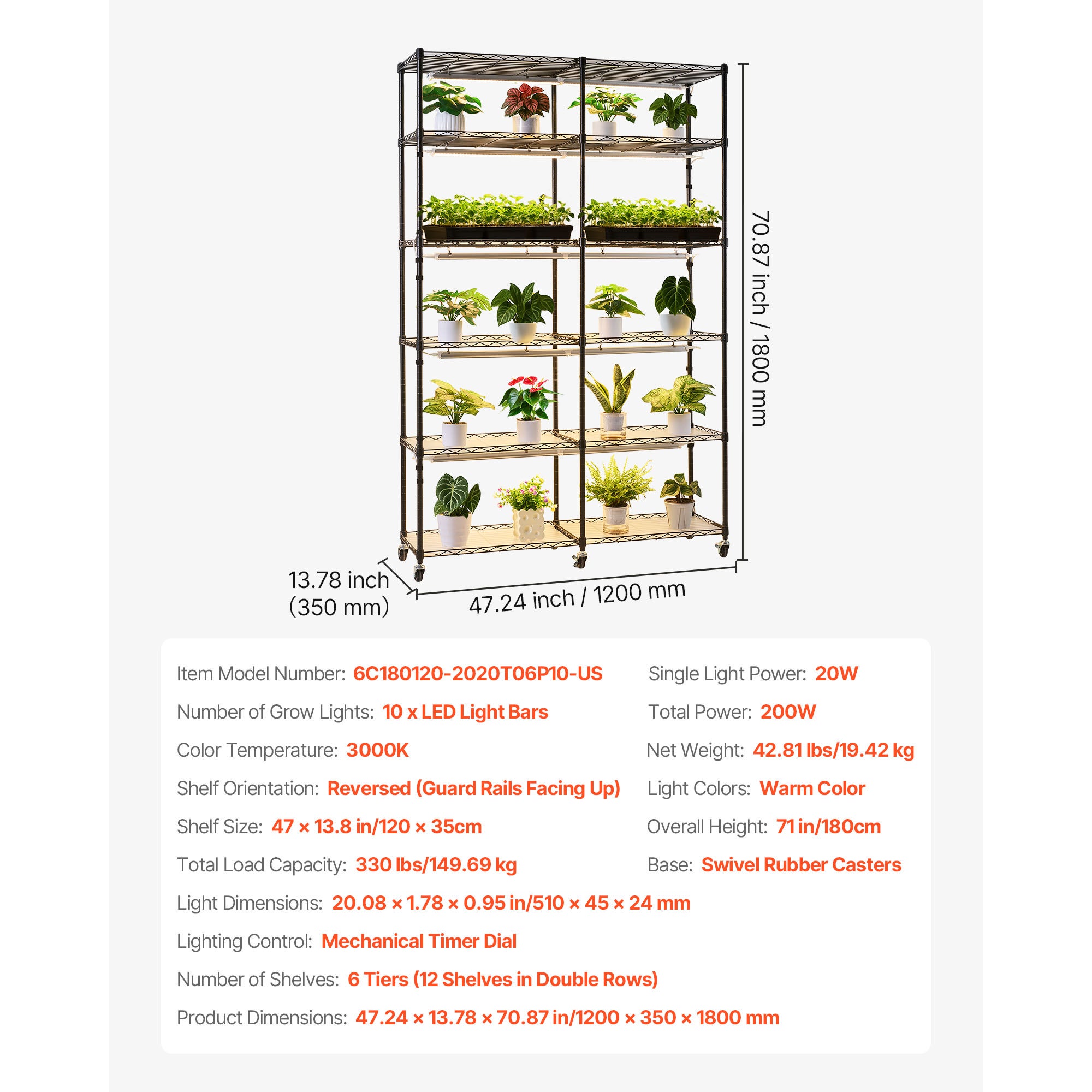 Support plantes deinterieur SucceBuy avec lampe de croissance, etagere metallique a 6 niveaux, hauteur de 180 cm, puissance de 200 W, equipe roulettes - 7