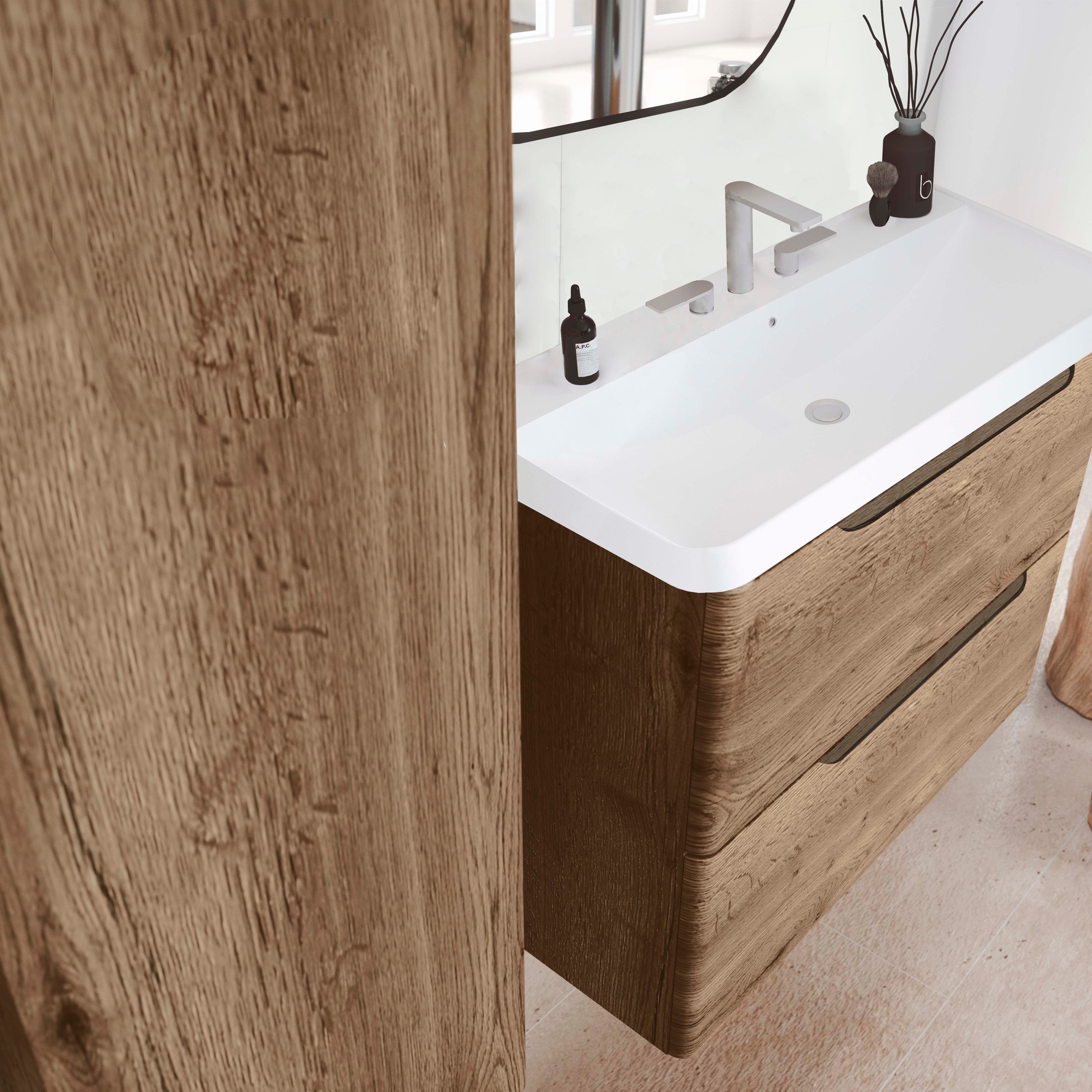 CONJUNTO MUEBLE DE BAÑO SUSPENDIDO MODELO IRUN 80 CM. 2 CAJONES ROBLE TABAC Y LAVABO COSMOS - 2