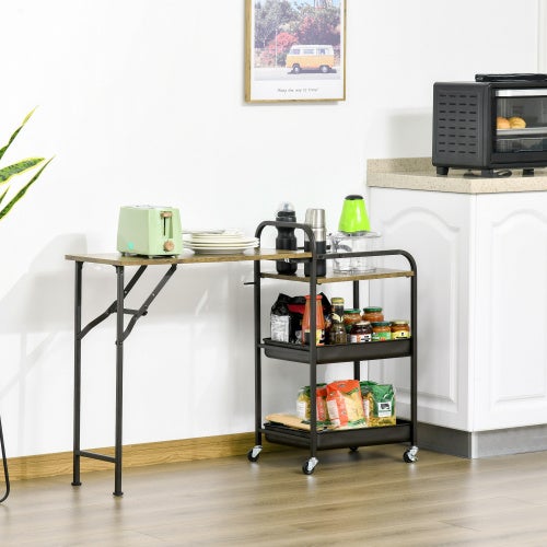 Carro de cocina con mesa abatible, 2 estantes, ruedas y patas regulables para cocina y comedor