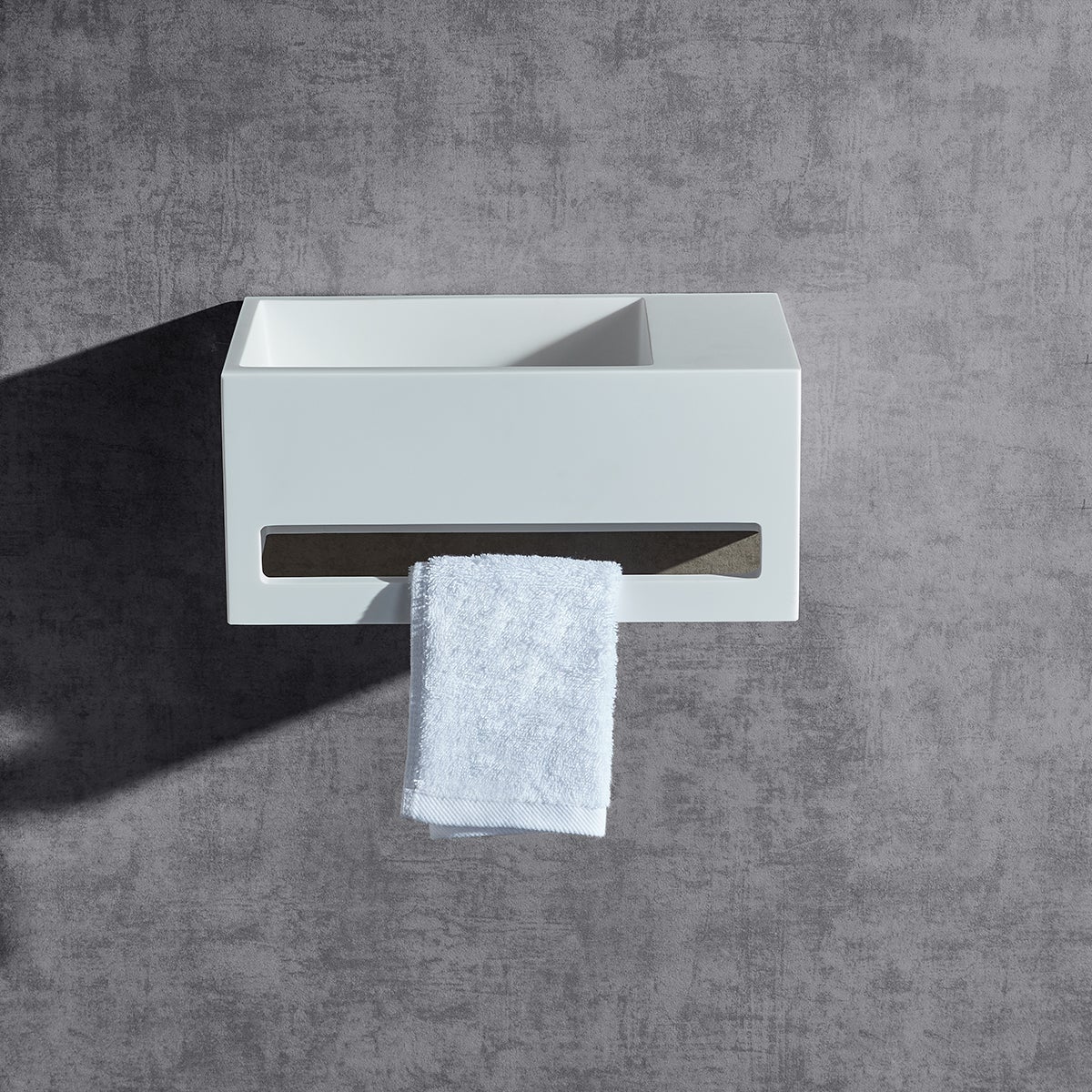 BERNSTEIN - Vasque murale design, Lave main fonte minérale Salle de bain - Blanc mat - 35,5x20x16cm - BA2105 Avec cache blanc + rangement à droite - 2