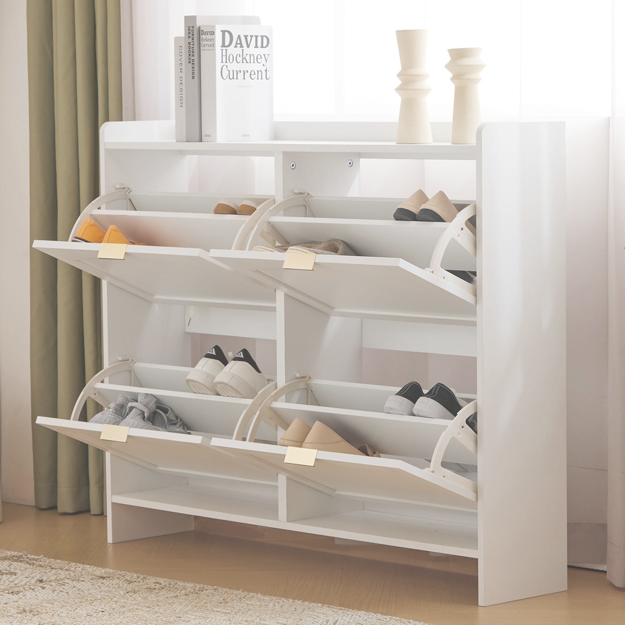 Meuble à chaussures avec 4 portes à rabat - 110 x 24 x 90 cm - Panneau de particules - Blanc - 7