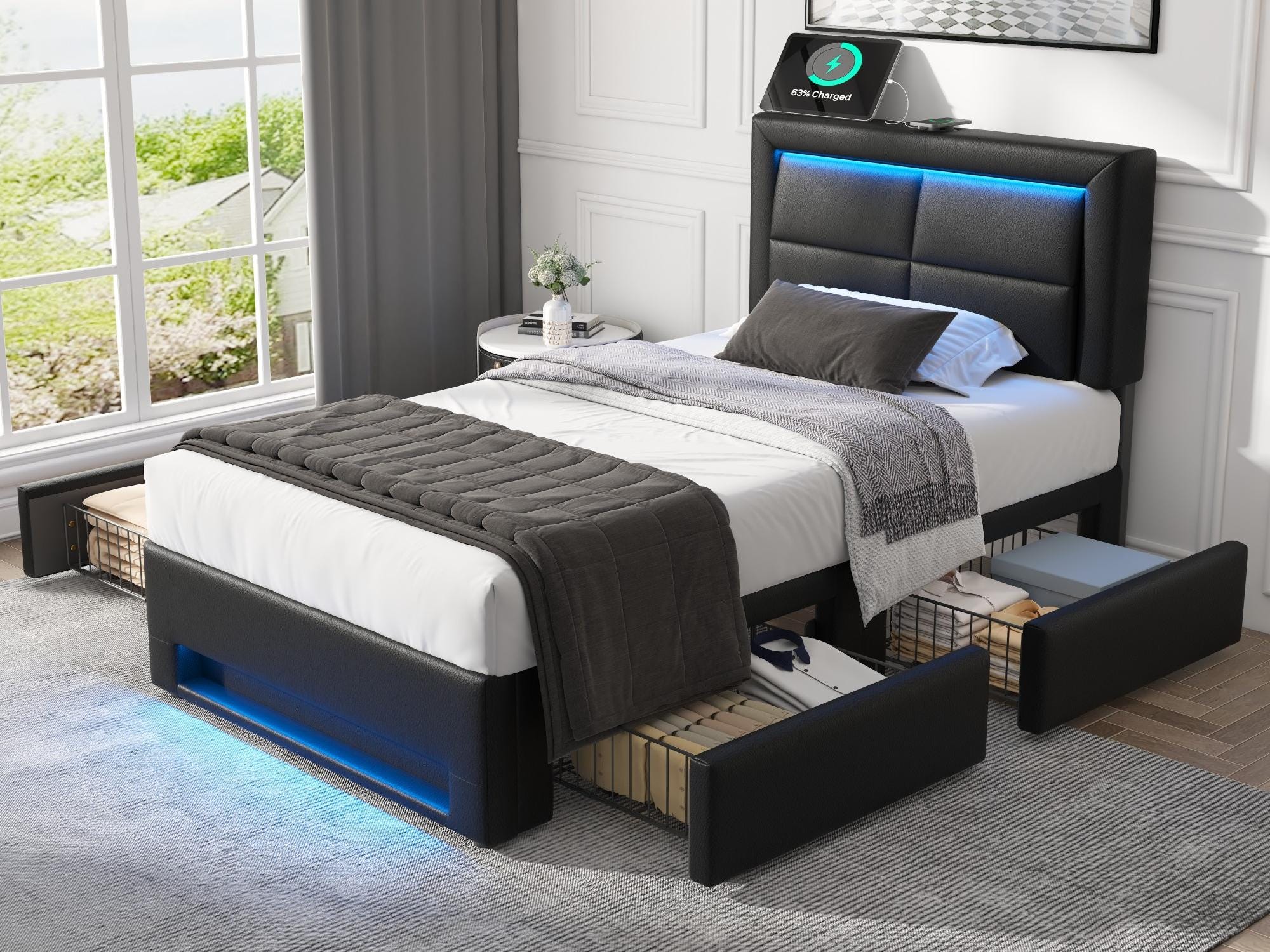 Cama con cajones 90x200 cm en piel sintética - con LED y puertos de ...