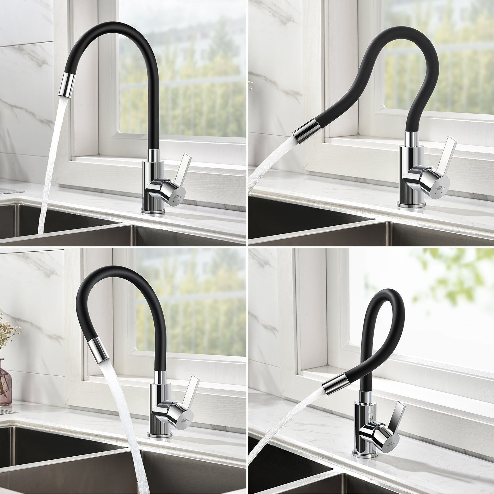 Mitigeur Cuisine Noir Flexible Bec Haut Orientable Librement Robinet Évier Laiton Mémoire de Forme Robinet Evier Monotrou Eau Chaude/ Froide - 4