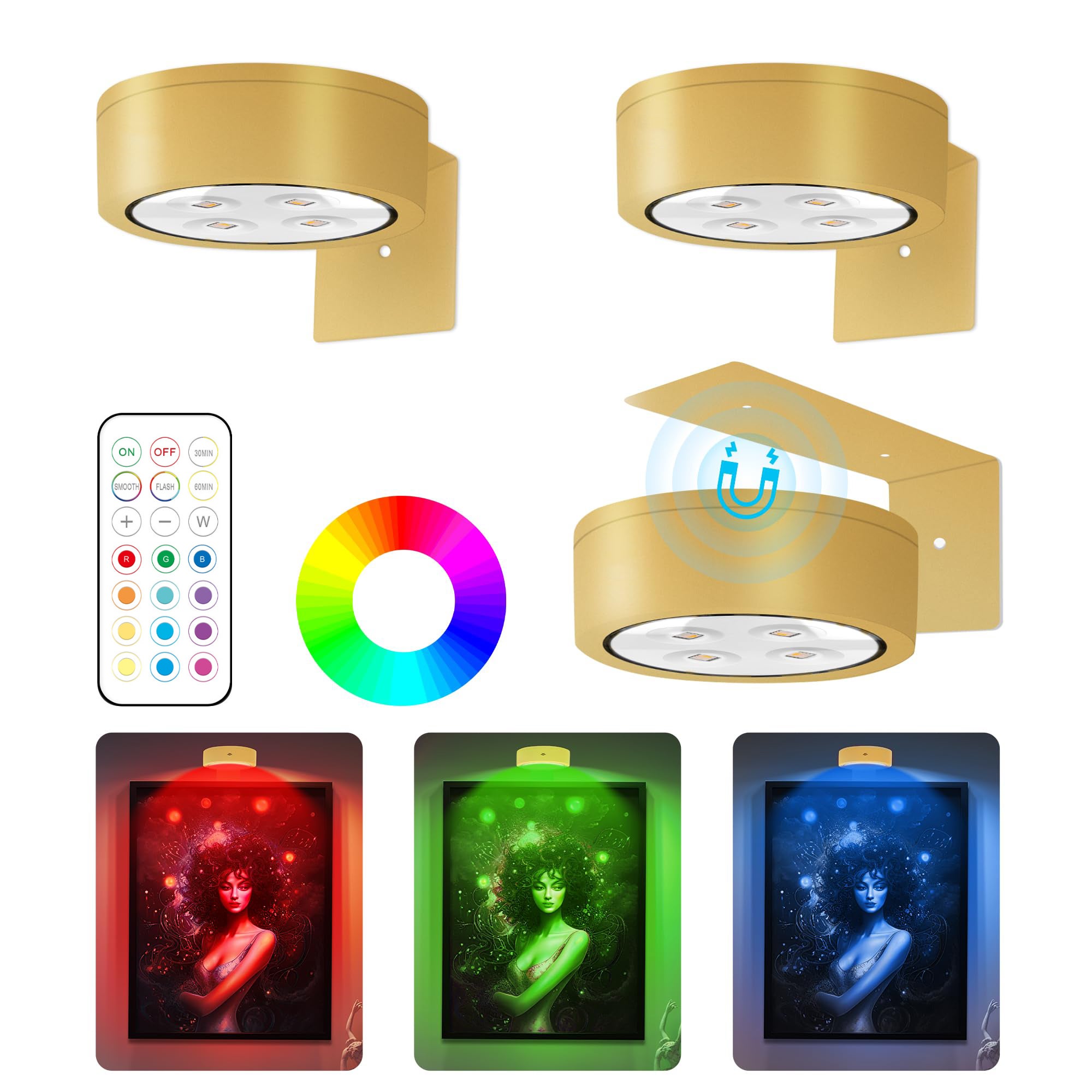 Lampa ścienna 3 sztuki, magnetyczna lampa plakatowa ładowalna, ciepłe światło i 12 kolorów światła RGB, z pilotem i timerem