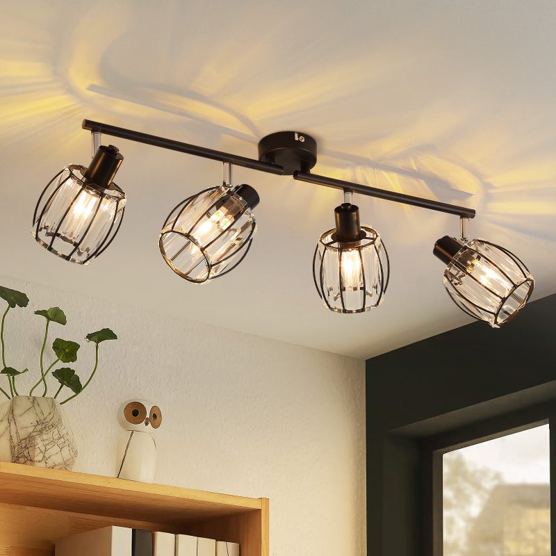 Zestaw 4 zabytkowych czarnych kryształowych Reflektorowaów sufitowych E14 do przedpokoju, obrotowych 350°, industrialnych