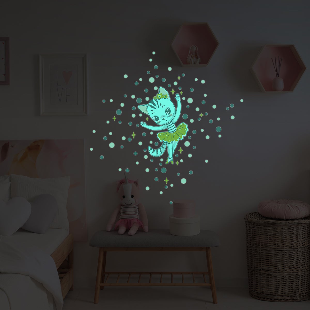 Adesivos fosforescente gatto ballerina + 100 cerchi colorati - Sticker adesivo - adesivi murali - 80x50cm - 4