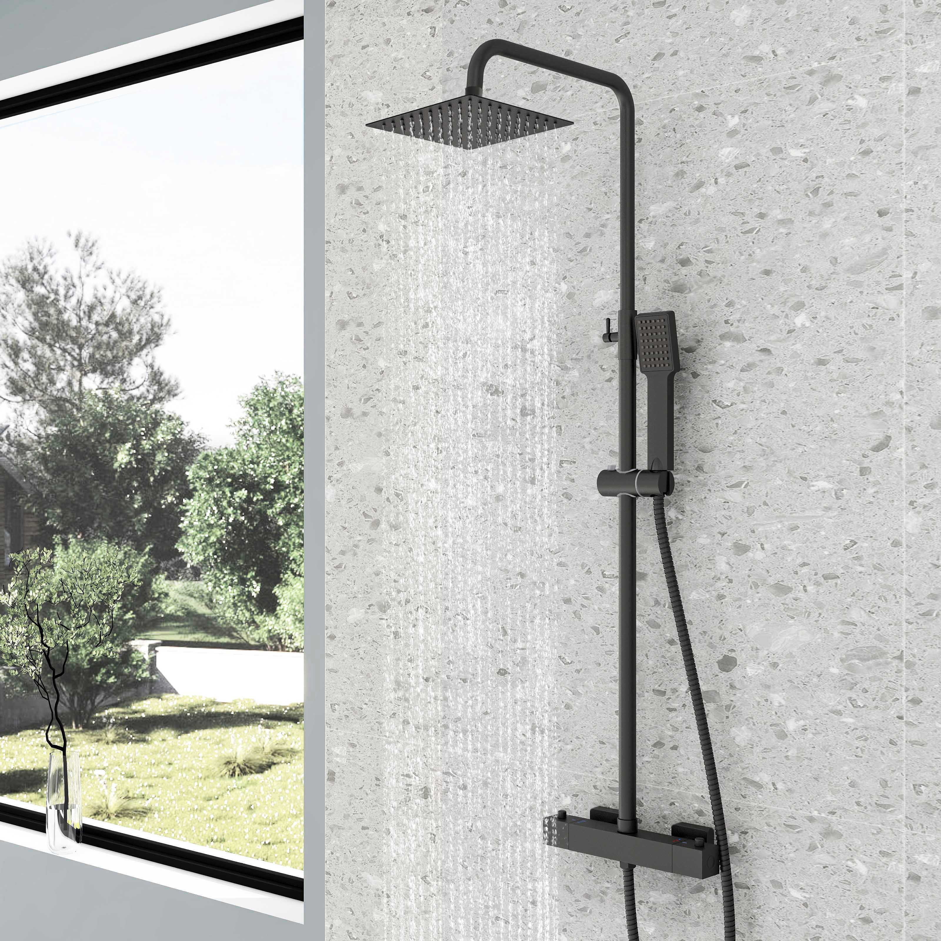 Aica Columna de Ducha Termostática Negro Mate Cuadrada Barra Ajustable Cabezal Duhca Lluvia - 8