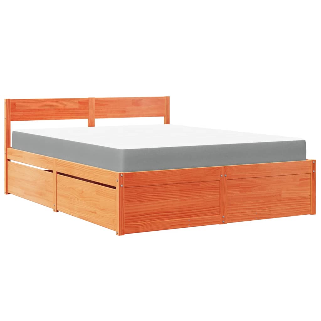 Lit avec tiroirs et matelas, bois massif de pin, cire marron, pour la chambre, 160 × 200 cm - 2