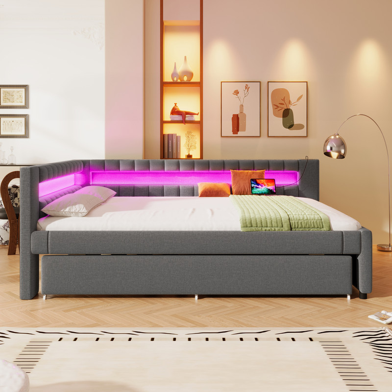 Łóżko tapicerowane 140x200 cm - z oświetleniem LED - z pojemnikiem na pościel - z USB + TYPE-C - pościel - szary (materac nie wchodzi w skład zestawu)