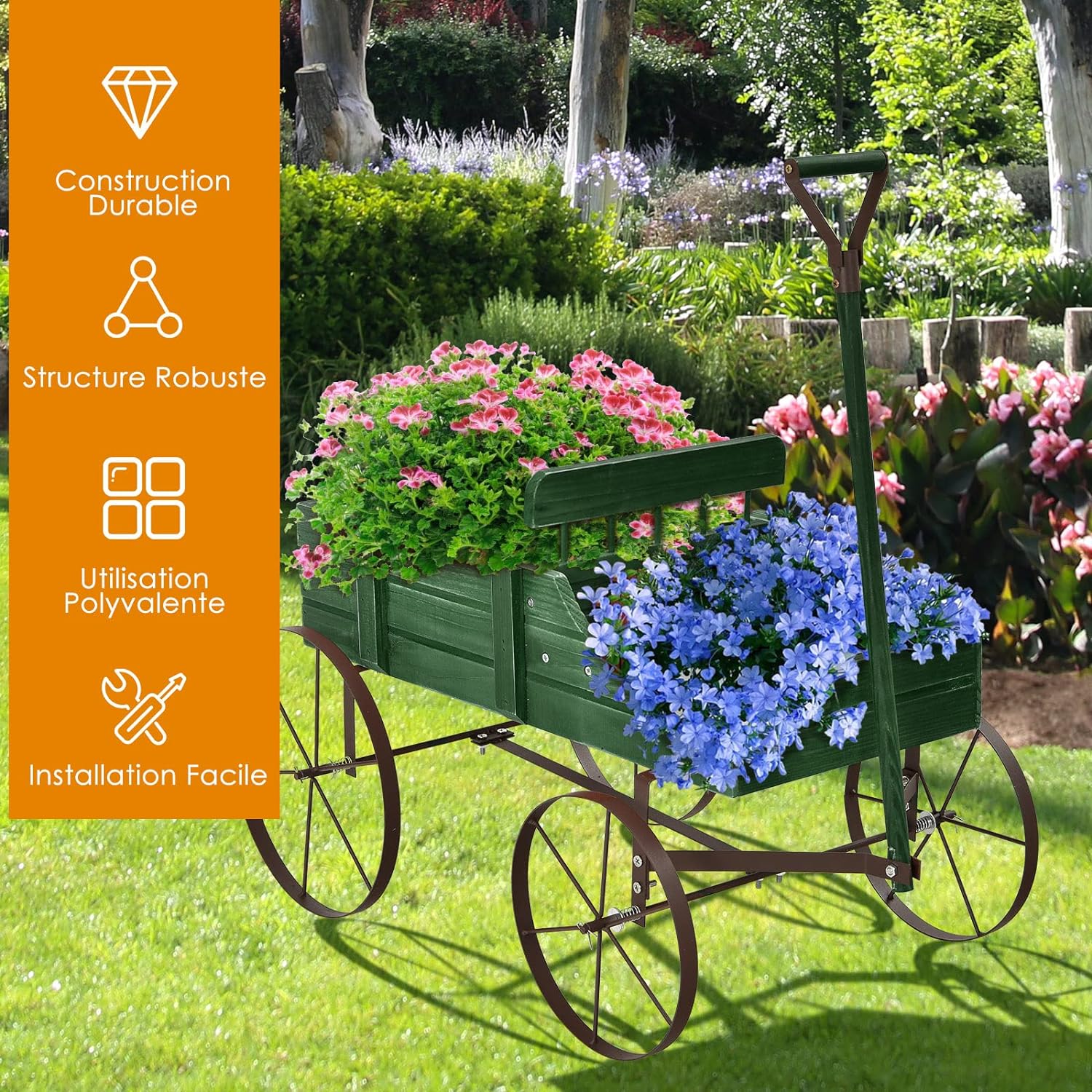 Jardinière Forme Brouette Chariot Décoratif en Bois avec Bac de Plantation pour Jardinières,Jusqu’à 15kg 35×62,5×60cm (Vert) - 5