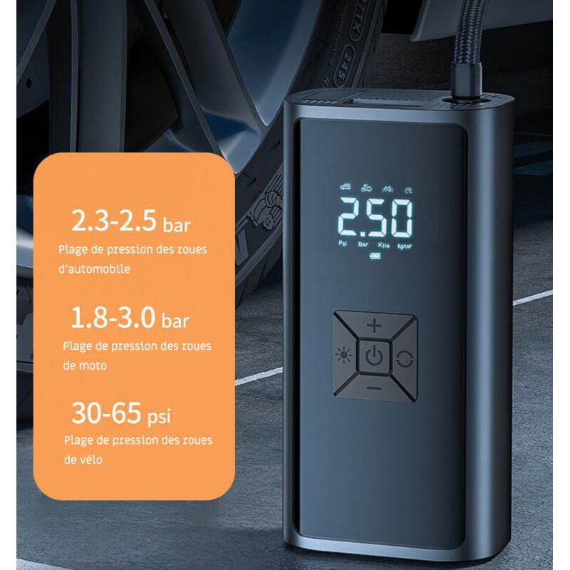 Gonfleur Pneus Voiture 12000 mAh Compresseur à Air Portatif Double Cylindre Gonflage Rapide 30 s Arrêt Auto Indicateur Pression LCD Lumière LED