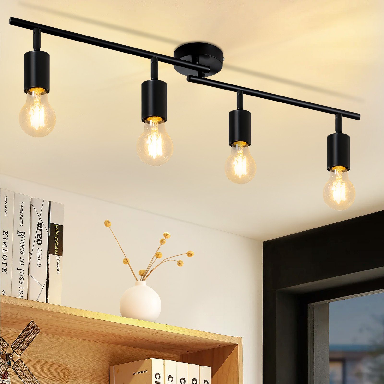 NETTLIFE Lampa sufitowa czarna, Reflektorowa sufitowy E27 Vintage Industrial 350°, obrotowa lampa do salonu, sypialni (bez żarówki)