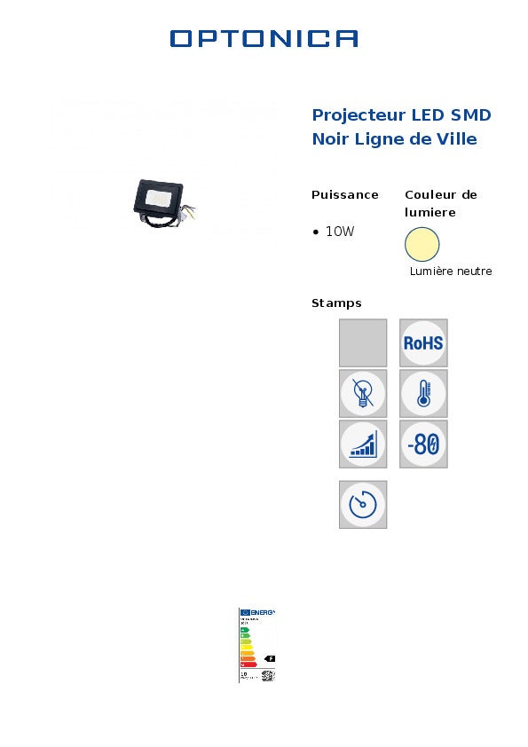 Projecteur LED 10W (50W) Noir Étanche IP65 800lm - Blanc Naturel 4500K - 5