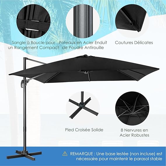 Parasol Déporté Inclinable 3x3 M, Parasol de Jardin Extérieur Pliable, Base Croisée Rotatif à 360°, Protection UV, (Noir, Carré) - 3