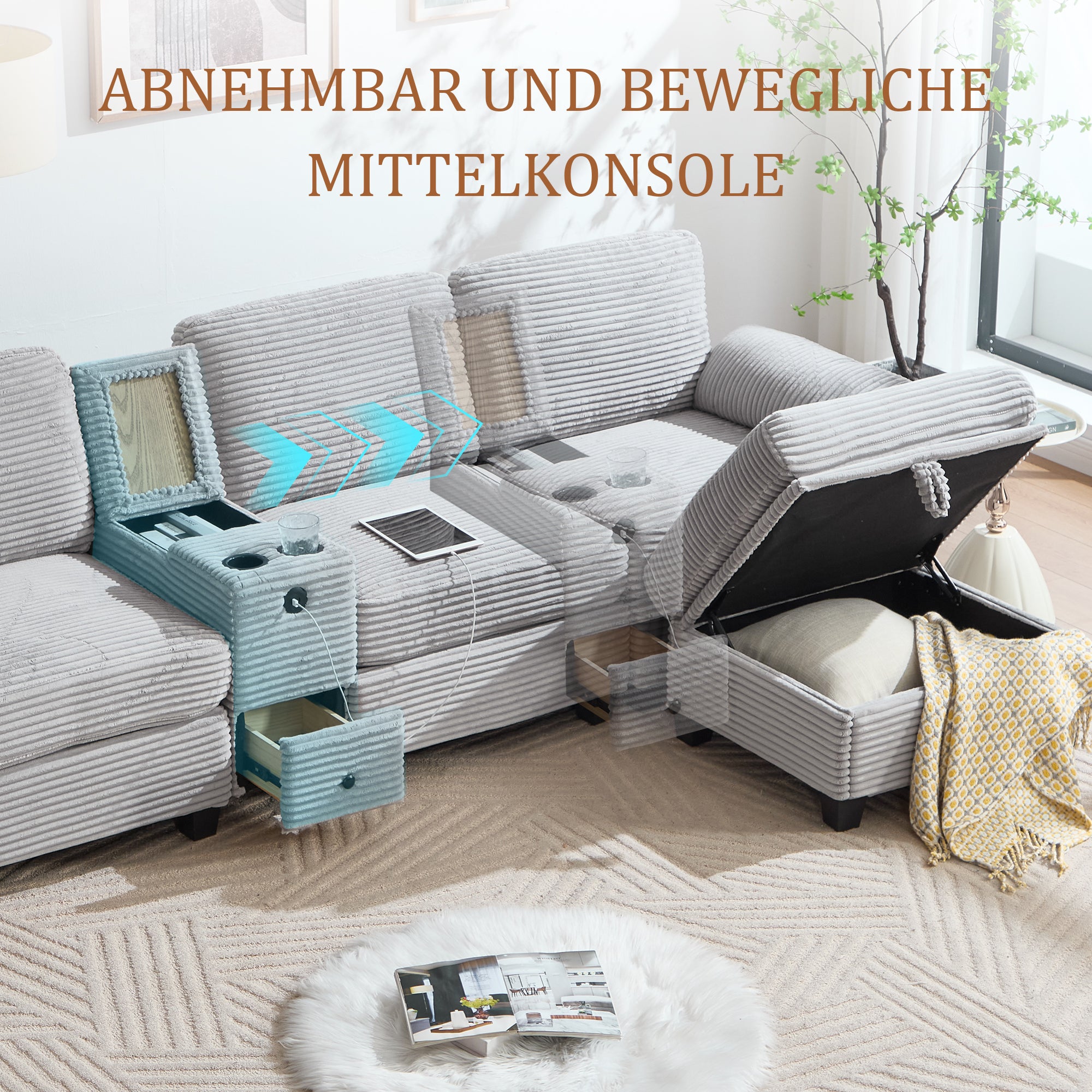Grand canapé velours côtelé avec mousse confortable, console amovible, USB-C, poche latérale, tiroir de rangement et ottoman mobile.-Lu - 3