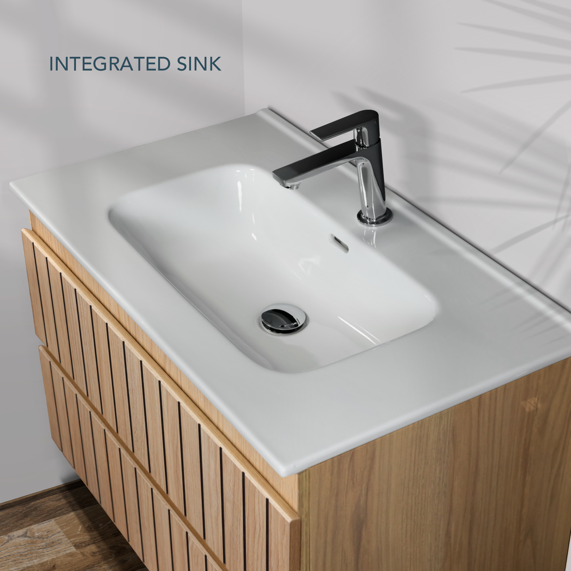 Feel Your Bath Meuble Salle de Bain TIGER 60 cm Chêne Nordique, Plan Céramique Blanc, Miroir Ovale LED Antibuée 50x90, 2 Tiroirs Soft Close - 5