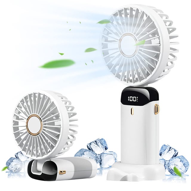 Ventilateur portable, mini ventilateur portatif 4000 mAh rechargeable avec 5 vitesses, ventilateur à piles avec affichage LED, blanc