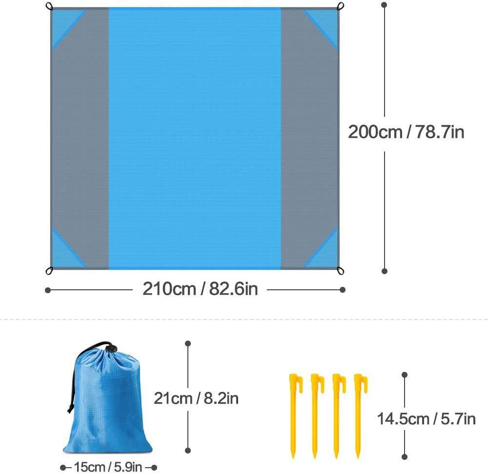 Coperta Da Picnic E Spiaggia超大: Impermeabile, Anti-Sabbia Con Picchetti E Borsa – 210x200 Cm, Blu/Grigio - 3