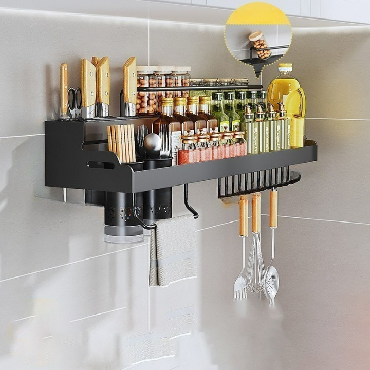 Wszechstronna kuchenna półka ścienna （50 cm uchwyt na kubek 2 ścienny uchwyt na nóż） Bezdrutowy uchwyt ścienny, stojak na przyprawy.