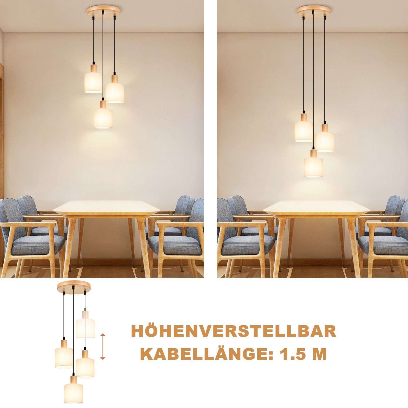 ZMH Lampada a sospensione in legno bianco, diametro 20 cm, E14, stile retrò, 3 lampadine rotonde. Adatto per sala da pranzo cucina sala da pranzo - 6