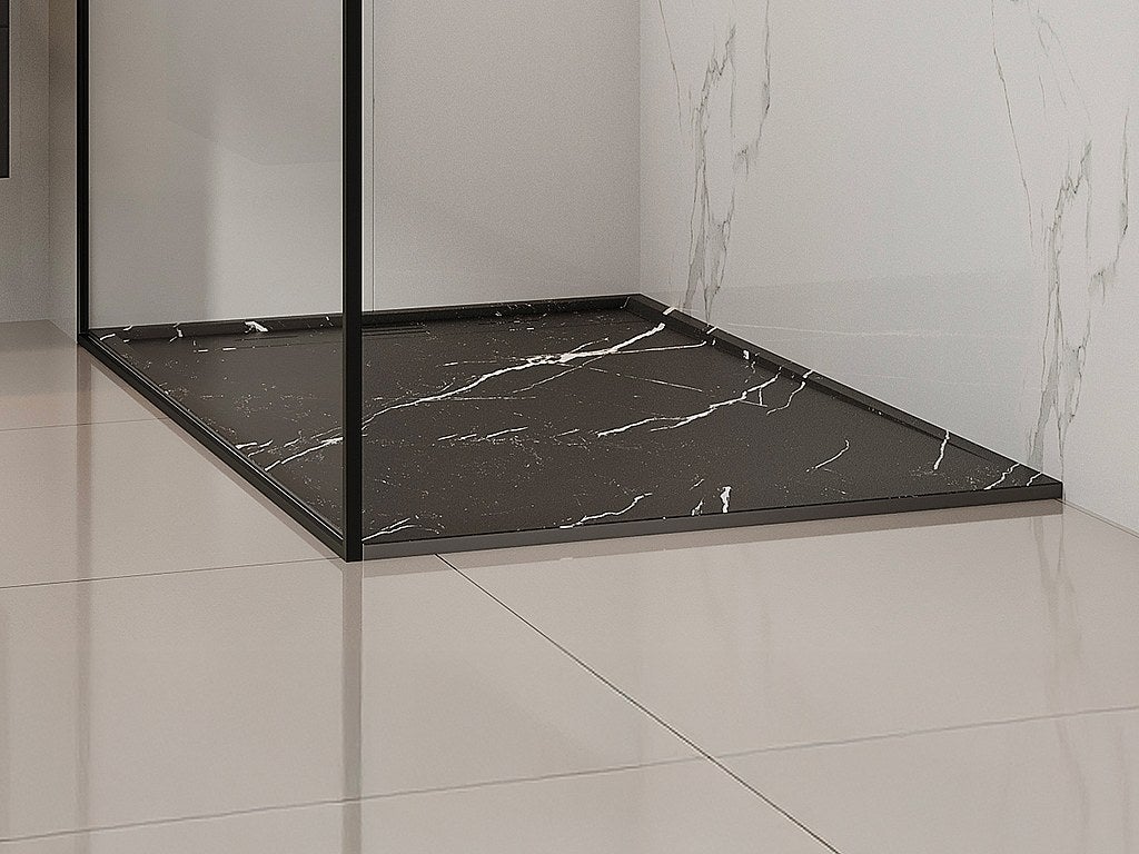 Brodzik płaski posadzkowy lub wpuszczany w posadzkę do przycięcia z żywicy SMC z syfonem - Czarny z efektem marmuru - 140 x 90 cm - LYROSA