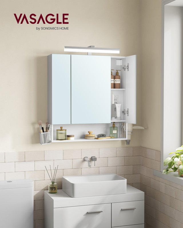 Meuble de Salle de Bain 3 Portes, Armoire Murale avec Miroir, Multiprise, Panier Suspendu, Support pour Sèche-Cheveux, Blanc Nuage - 2