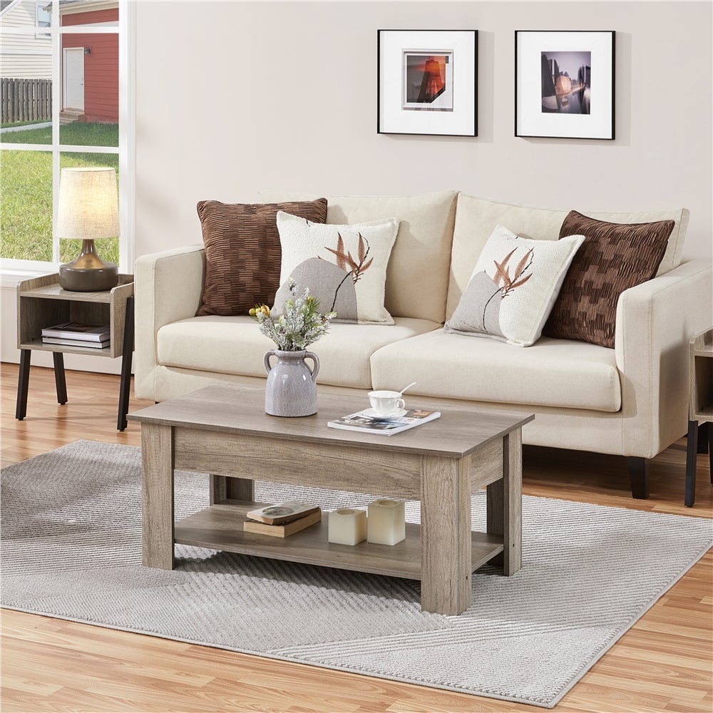 Table Basse Moderne à Plateau Relevable en Bois MDF avec Compartiment Caché et Rangement, Gris Yaheetech - 2