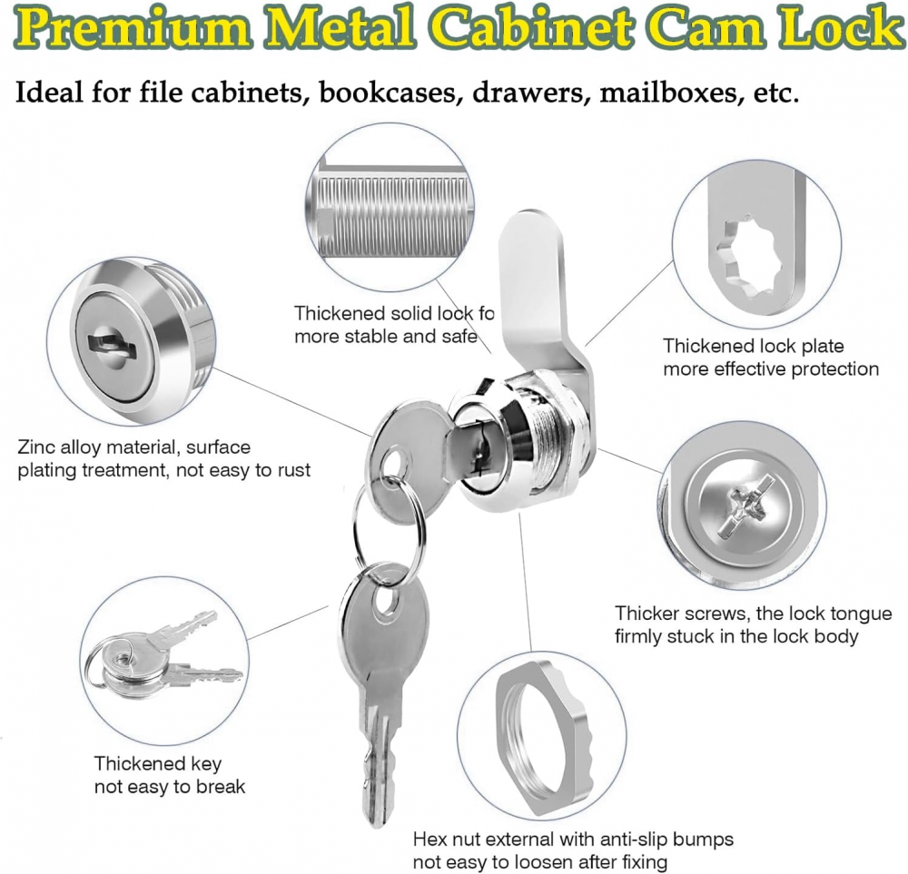 Serrure de boîte aux lettres, serrure de sécurité avec clé assortie, serrure à came en métal argenté, 25 mm - 3