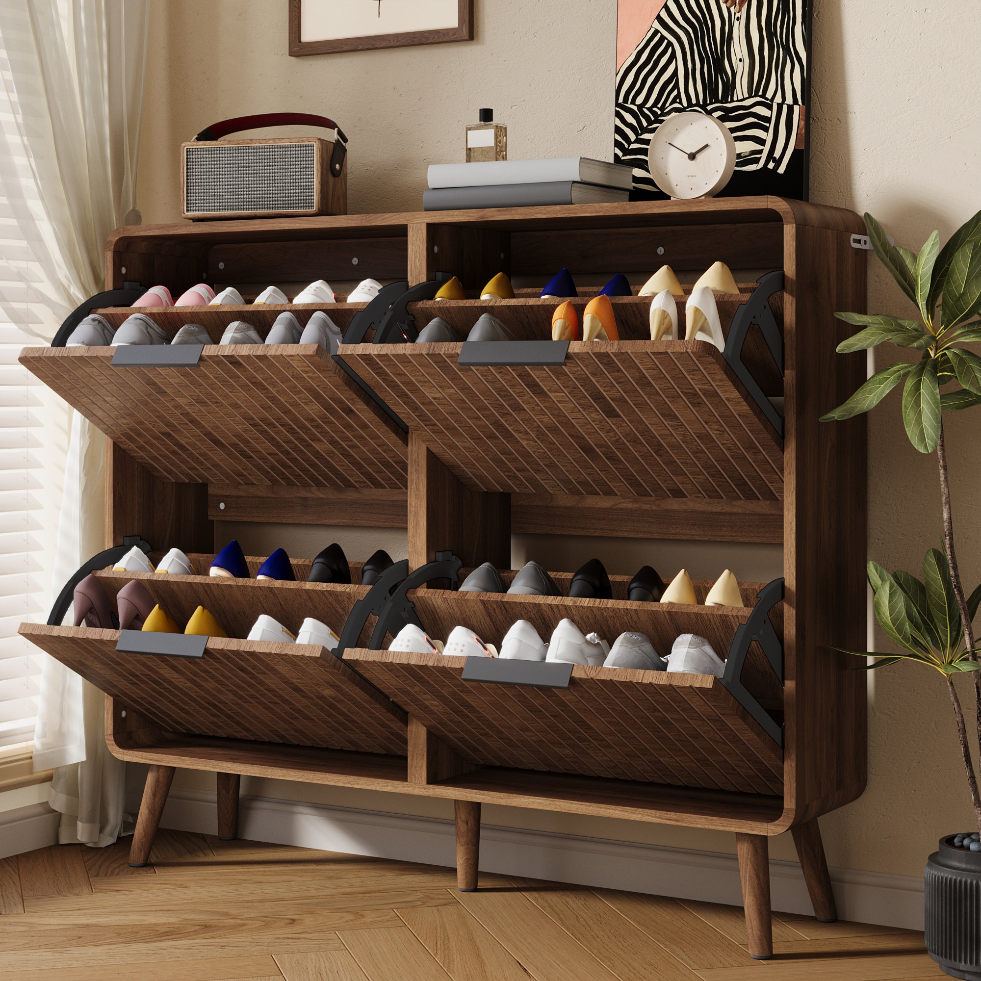 Meuble à chaussures avec 4 portes rabattables - 105 x 24 x 90 cm - Contenir 18 à 24 paires - MDF - Noyer - 9