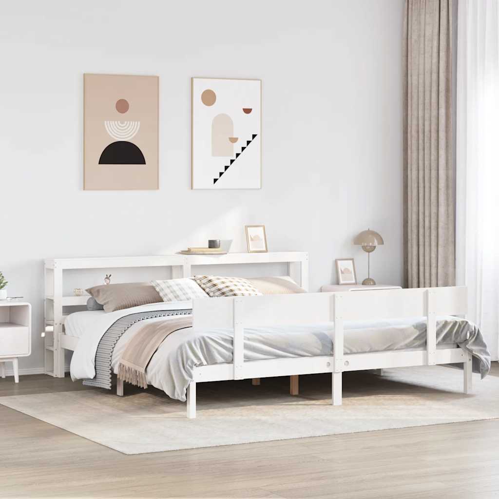 Łóżko Drewniane z Regałem Rama Łóżka Ze Stelażem Biała 180x200 cm