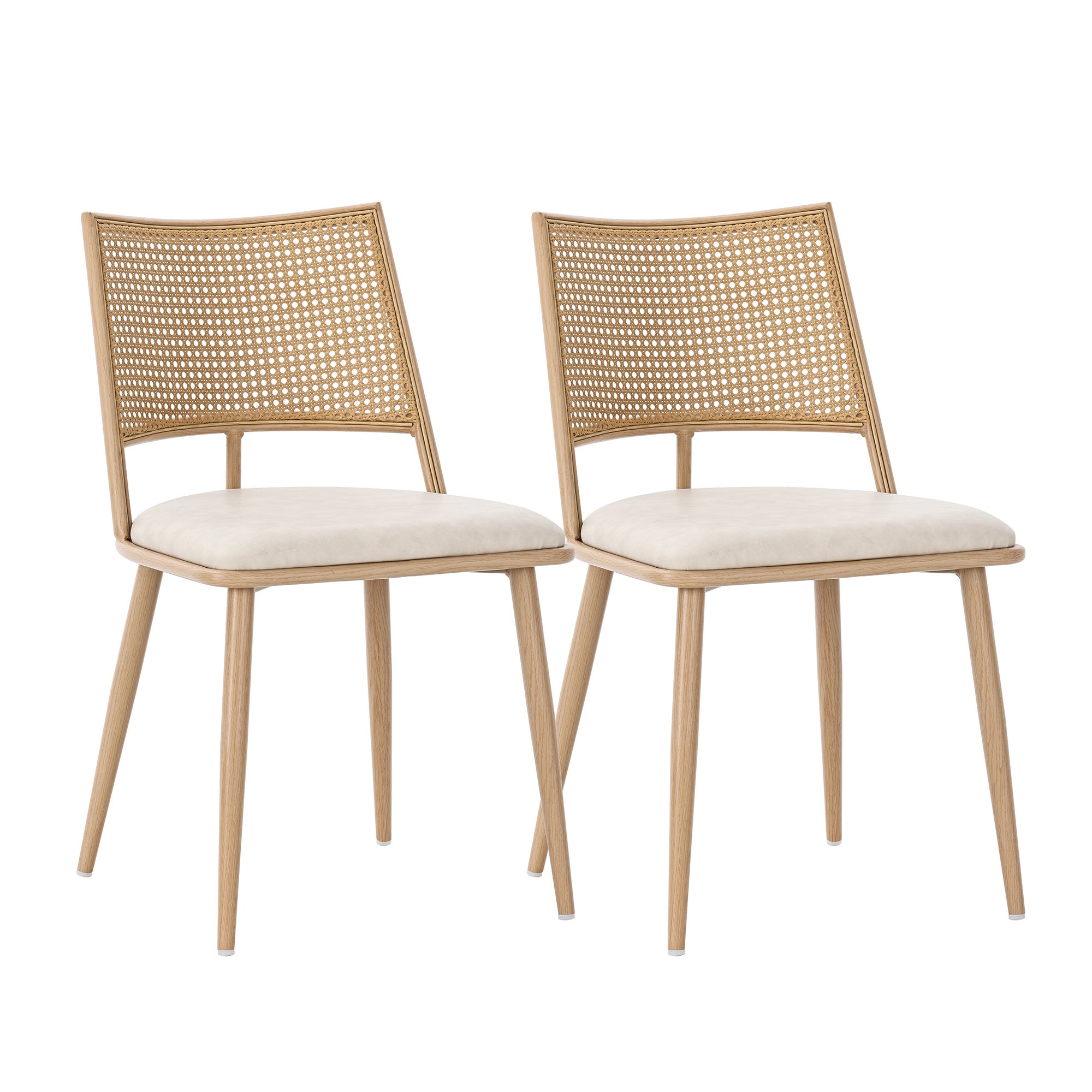 Lot de 2 chaises de salle à manger sans accoudoirs - Siège en cuir PU, dossier en rotin et pieds en métal - 50 x 48 x 80 cm - Beige - 8