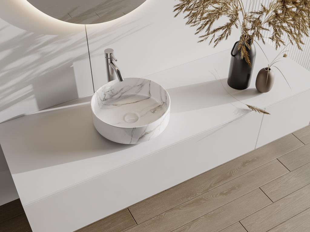 Lavandino Rotondo In Ceramica 36x15 Cm - Bianco Lucido Per Bagno, Instalazione Soprapiano