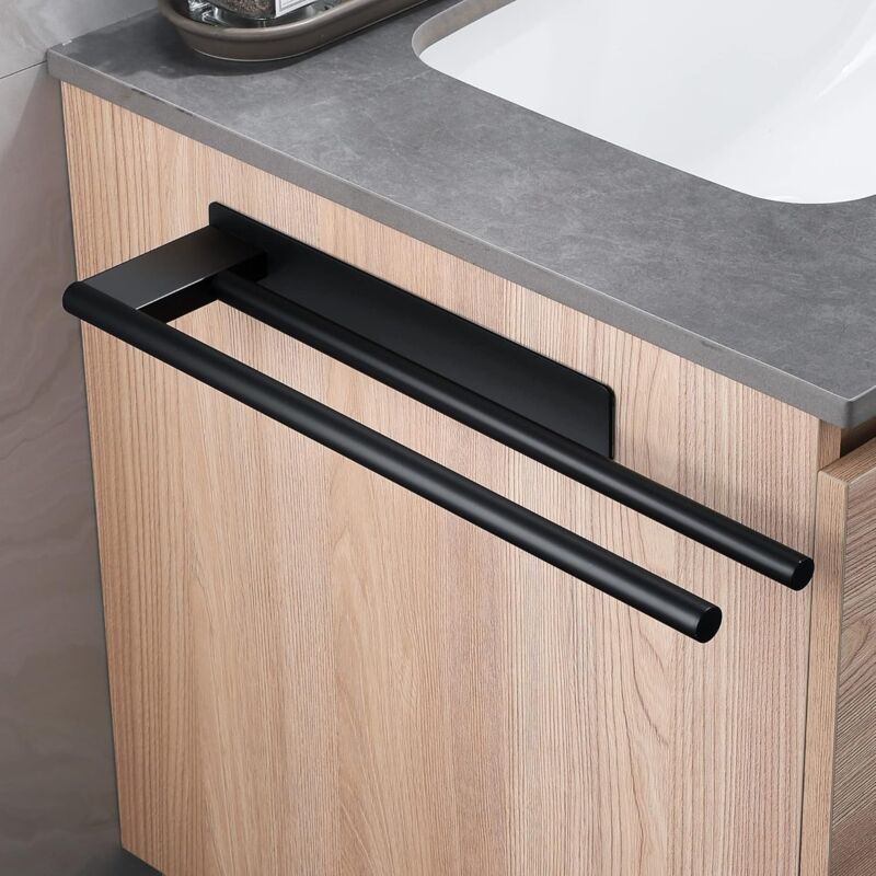 Czarny wieszak na ręczniki łazienkowe bez wiercenia, podwójny wieszak na ręczniki ze stali nierdzewnej 304, wiskoza, dwa ramiona, montaż ścienny - 3