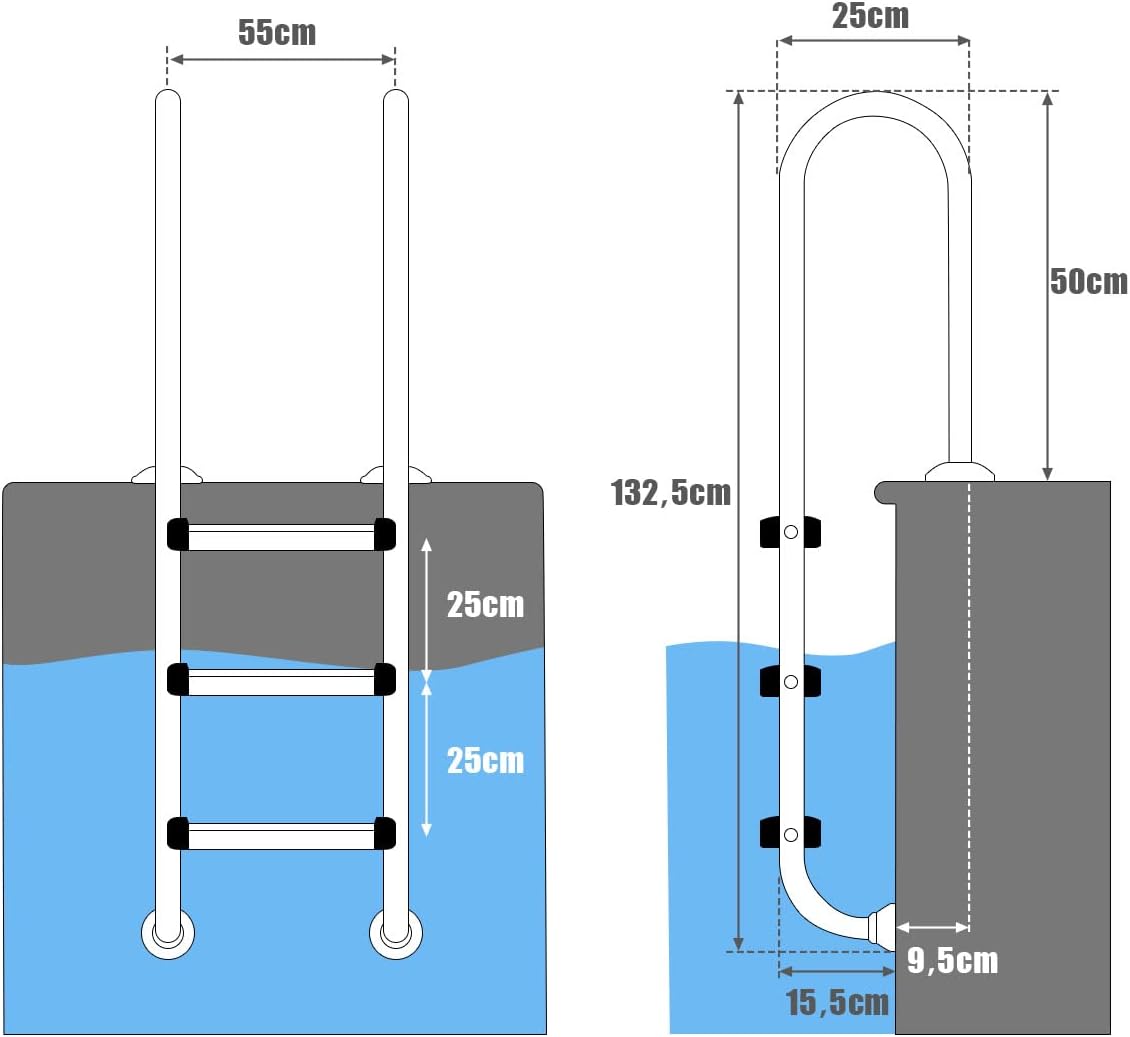 Escalera de piscina de acero inoxidable de 3 peldaños (132 x 50 x 26,5 cm) con pedales antideslizantes y base de plástico - 8