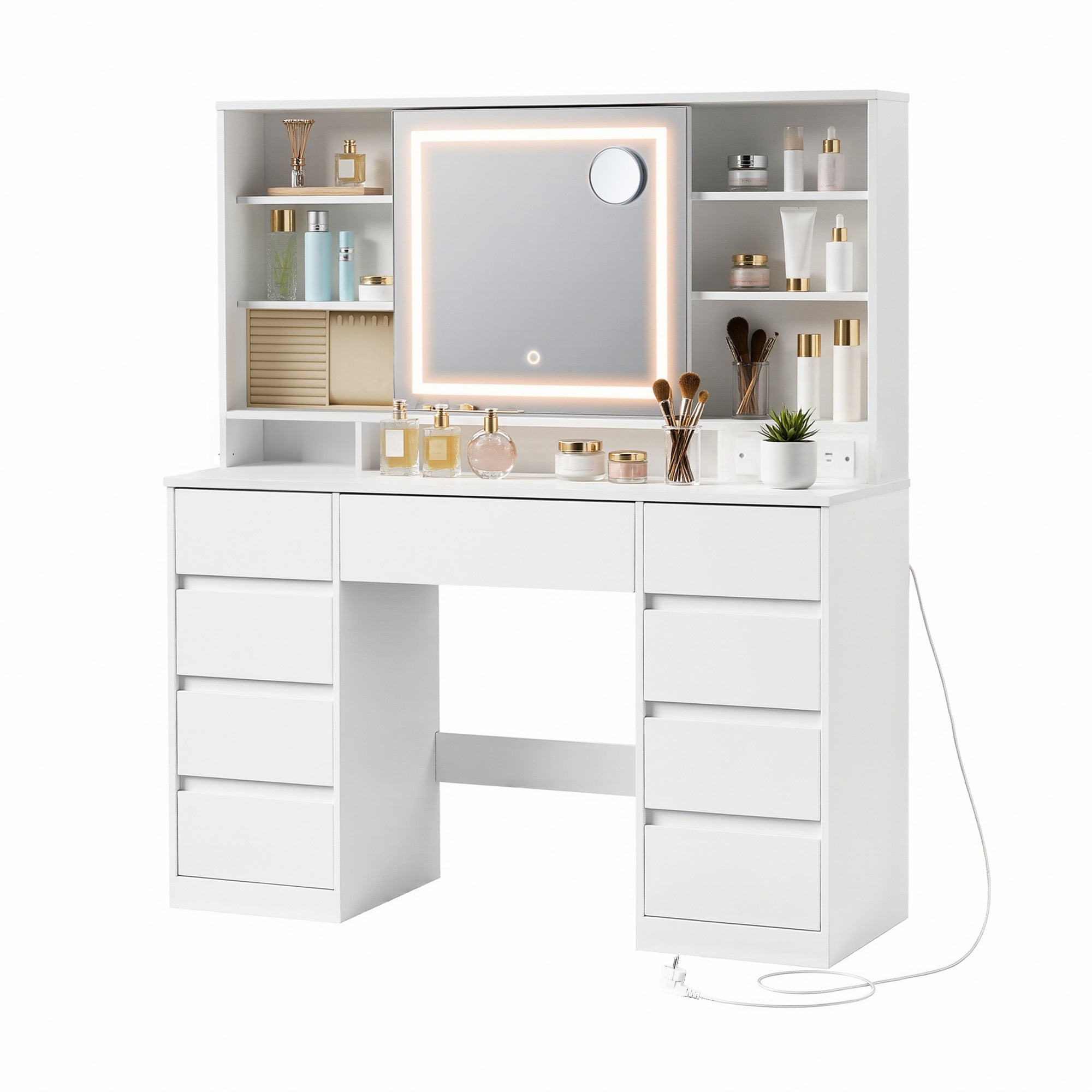 Coiffeuse avec Miroir LED, Multiprise, 9 Tiroirs, Loupe 10x, Rangement Bijoux, Éclairage 3 Couleurs, Installation des Rails sans Outils, Blanc Nuage - 7