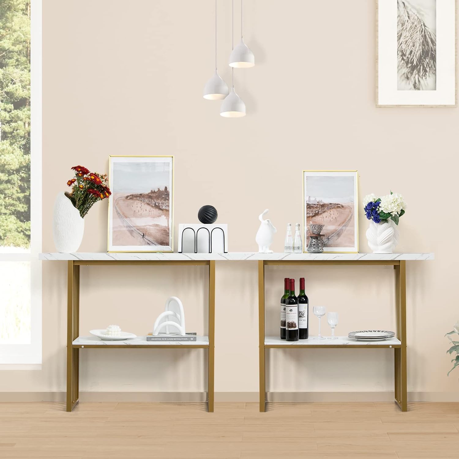 Table Console à 2 Niveaux, Cadre Métallique et Plateau de Marbre, Table d'Entrée de Dispositif Anti-Chute, Charge 50KG - 2