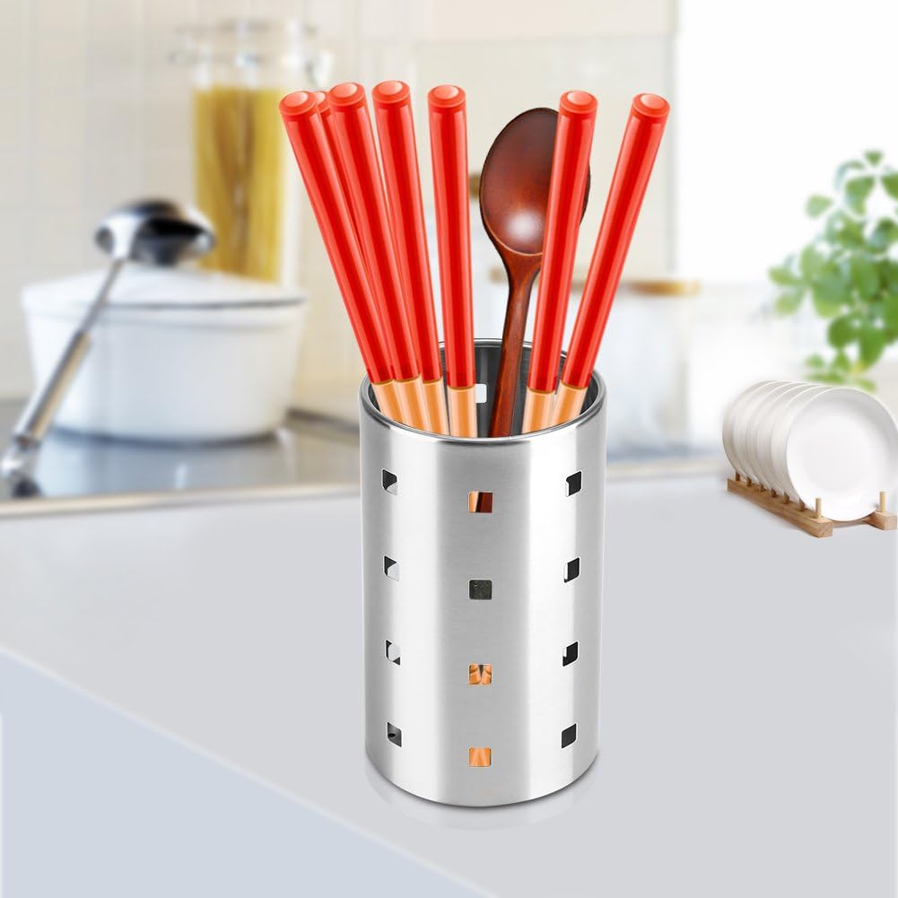 Soporte para palillos de cocina redondo de acero inoxidable grueso de 17 x 10 cm, soporte para cubiertos resistente a la oxidación, organizador de al - 4