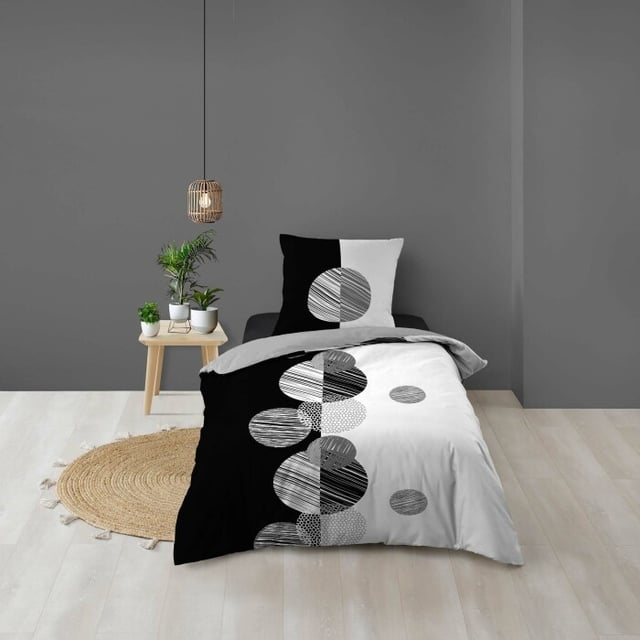 Housse de Couette 1 Personne 140 x 200 cm + 1 Taie – 100 % Coton 57 Fils – Stormi Noir & Blanc