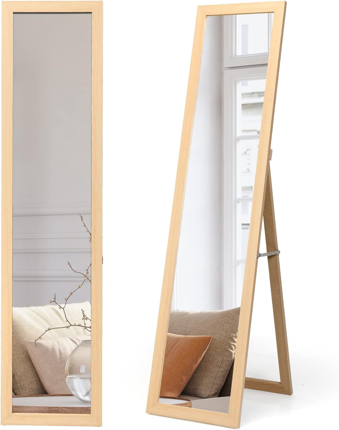 Lustro 2 w 1 Ścienne na Stojaku, Lustro HD z Ramą w Nowoczesnym Stylu, Psyche 147 x 29 cm, Idealne do Przedpokoju lub Sypialni (Naturalne)