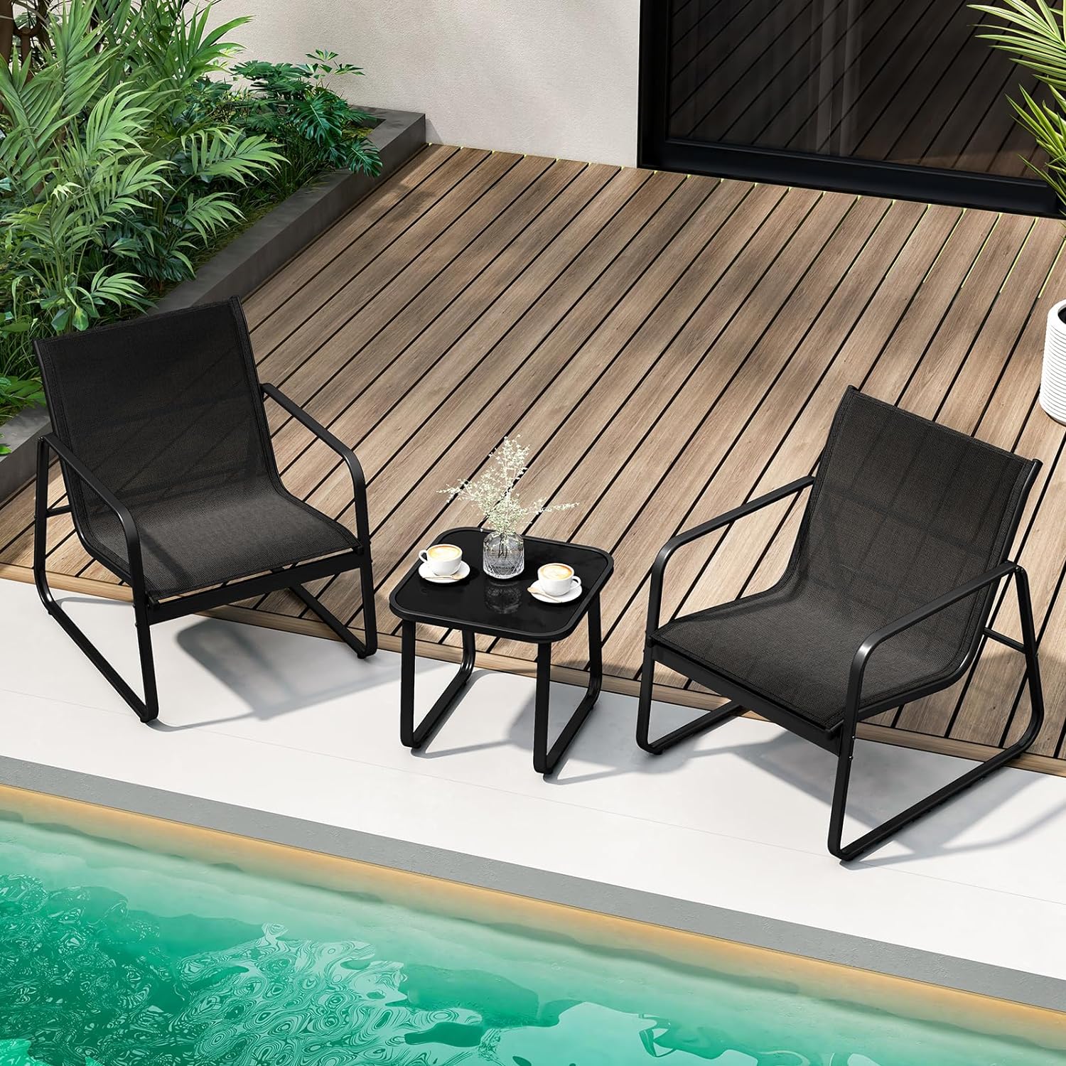 3Pcs Salon de Jardin 3 Personnes, Ensemble de 2 Chaises et de Table Basse en Verre Trempé, Salon de Bistrot avec Cadre Métallique - 3