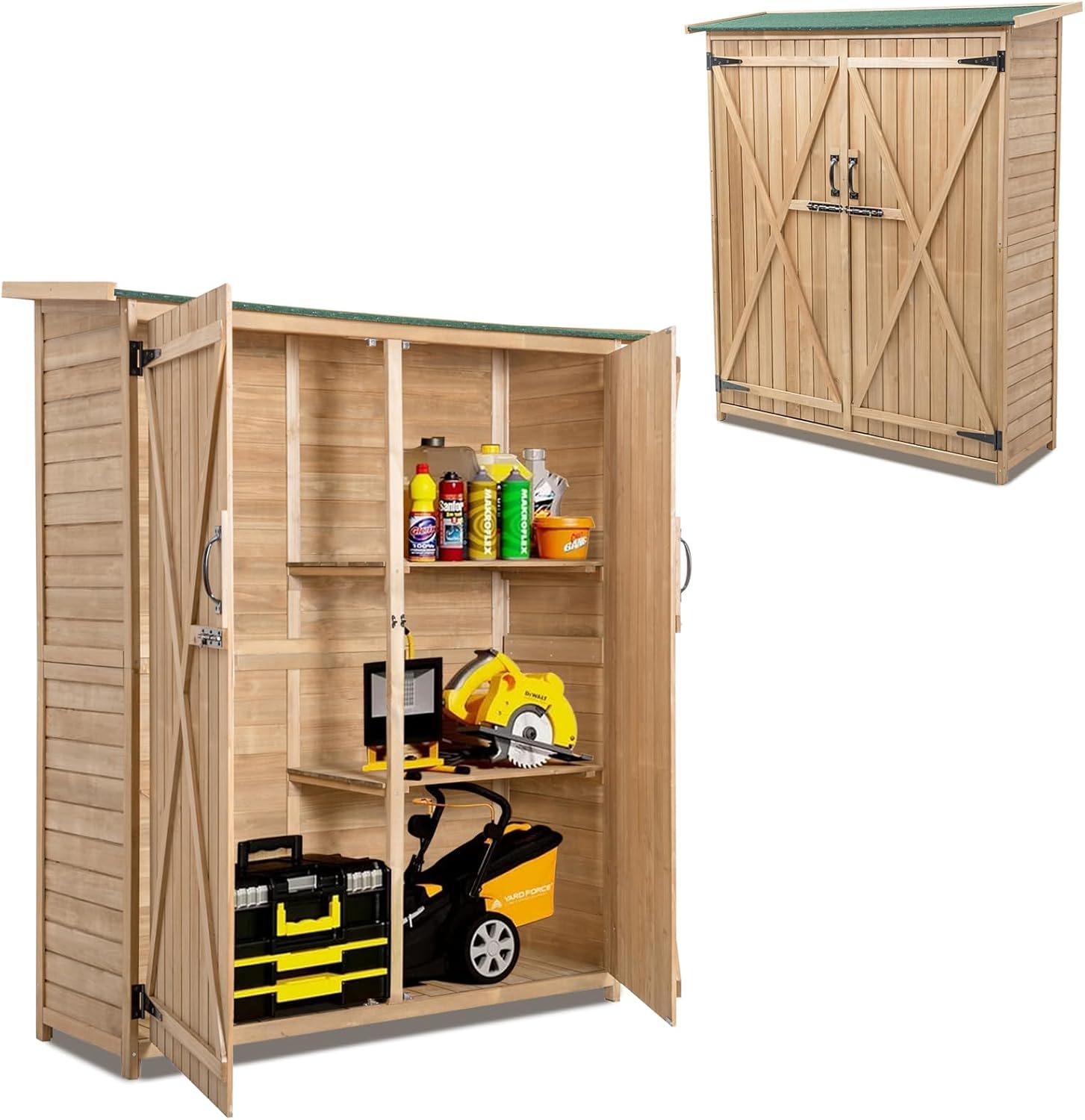 Skrzynia na Narzędzia Ogrodowe z Drewna Świerkowego – Dach Pokryty Asfaltem – Drzwi z Zamkiem i Regały – 140 x 50 x 162 cm – Naturalna