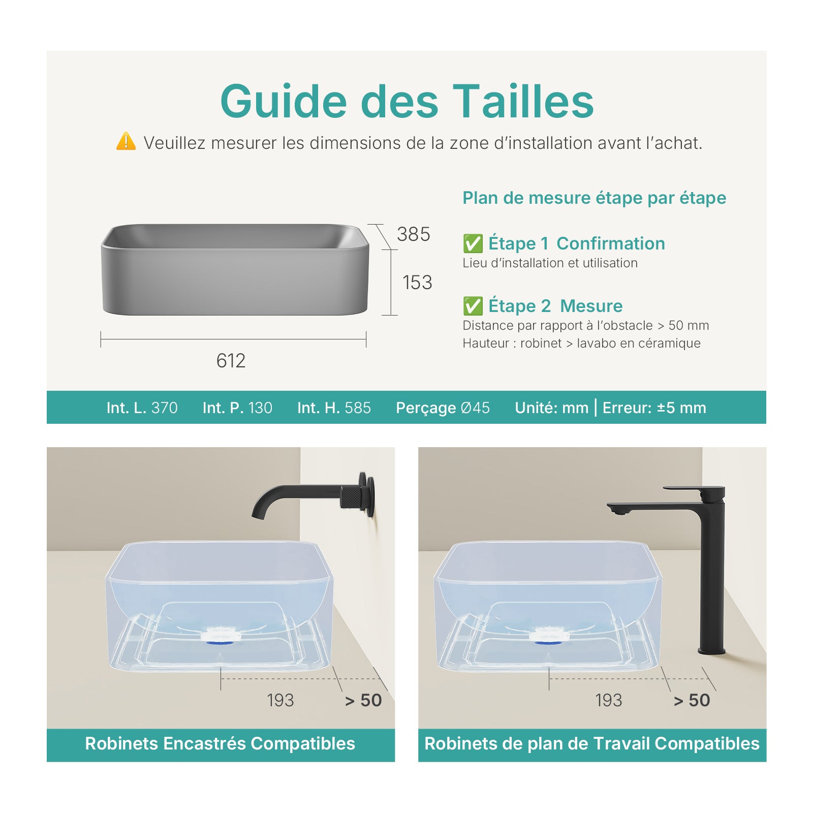 EMKE Vasque à Poser en Céramique rectangulaire 61 x 38 x 15 cm - Gris Foncé Mat - 2