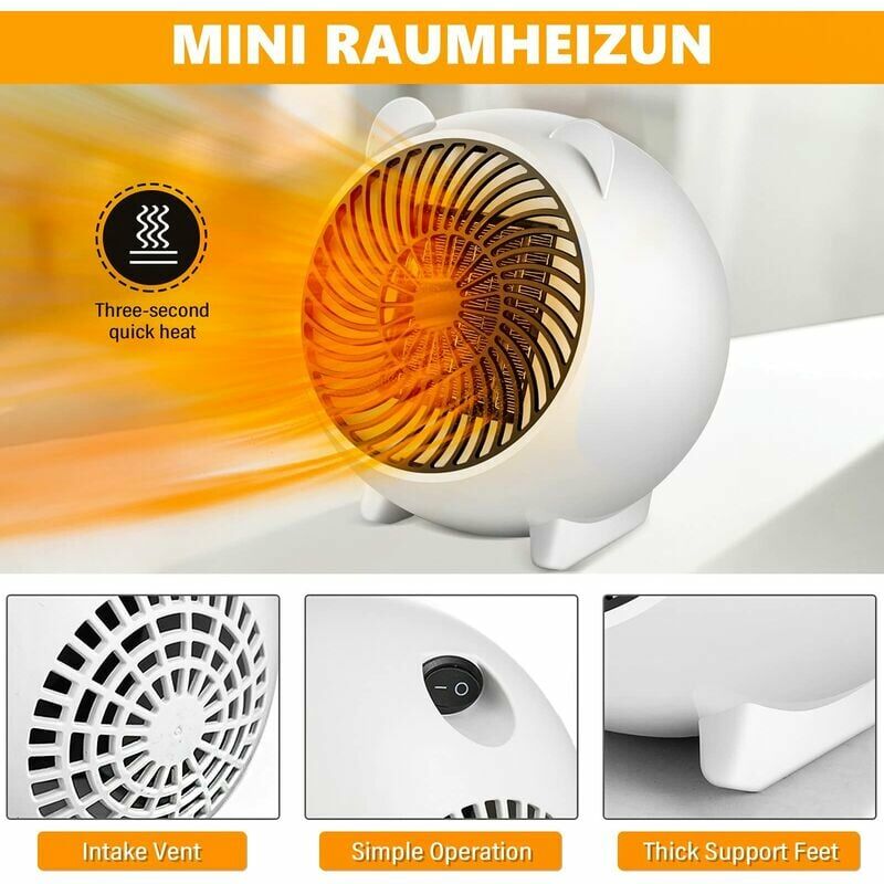 Niebieski grzejnik z wentylatorem, grzejnik 500 W, energooszczędny grzejnik do domu i biura, grzejnik biurowy 5 sekund, mały grzejnik