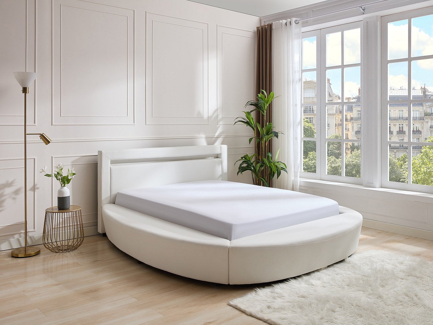 Łóżko okrągłe 160 × 200 cm- Materiał skóropodobny biały z diodami LED