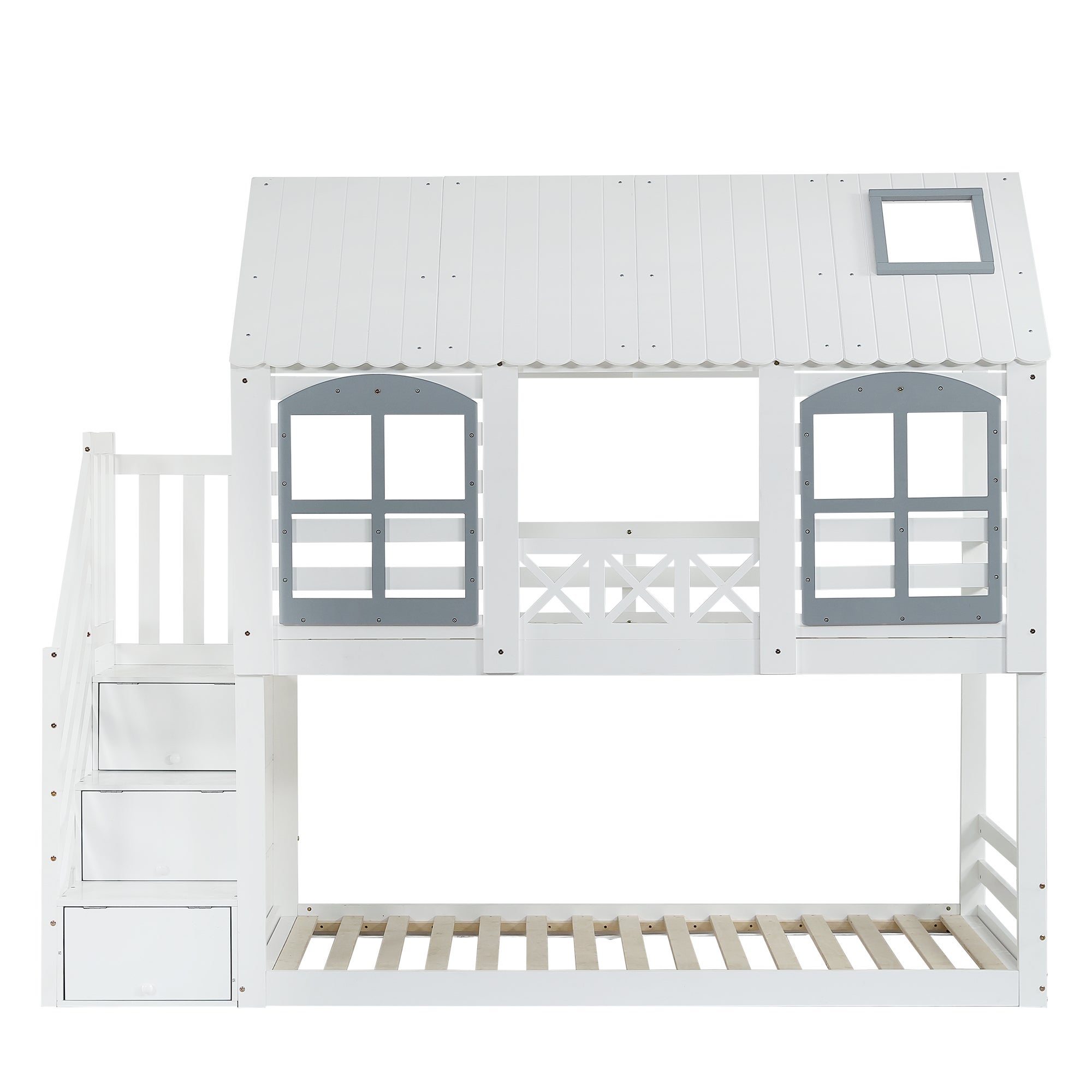 Lit superposé 90x200cm en bois - avec escalier de rangement - Blanc - 9