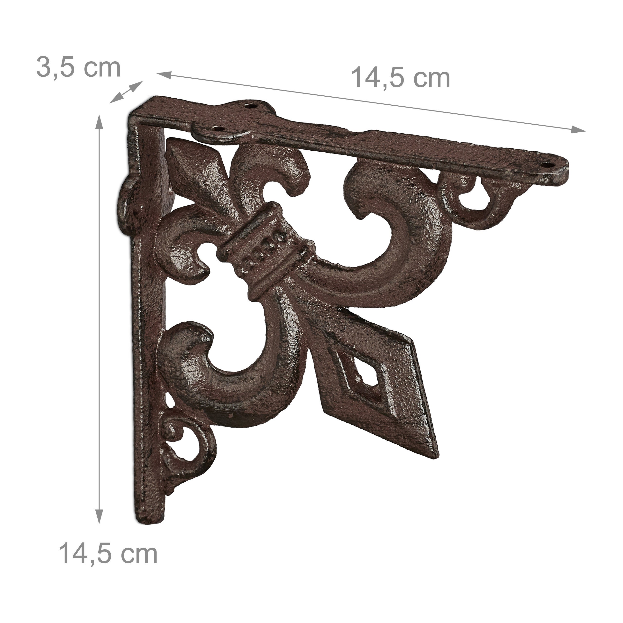 Équerre étagère murale, lot de 2, ancien, support en fonte de fer, avec ornement lys, vintage, brun, Relaxdays - 4
