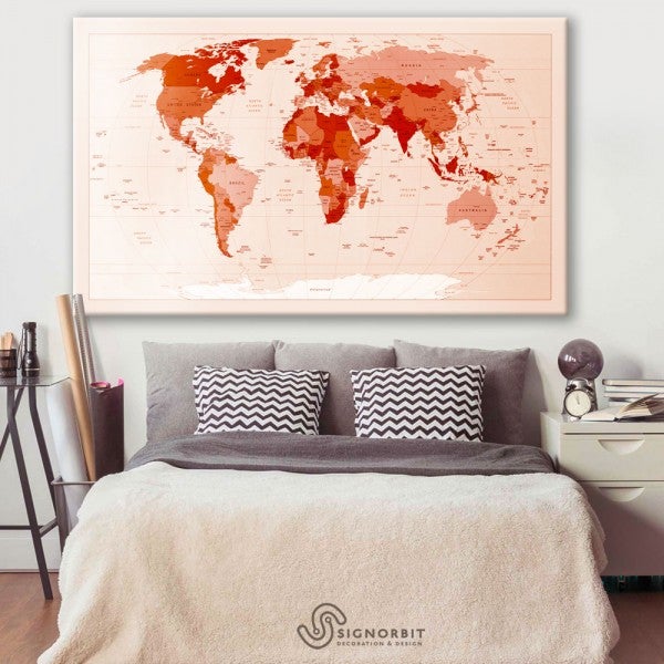 Mapa geográfico - planisferio impresión en lienzo montada en bastidor de madera 166x100 cm rojo